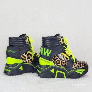 Jerry Wang Damson Lime Leopard Platform Hi-Top Sneaker Boots Hidden Wedge